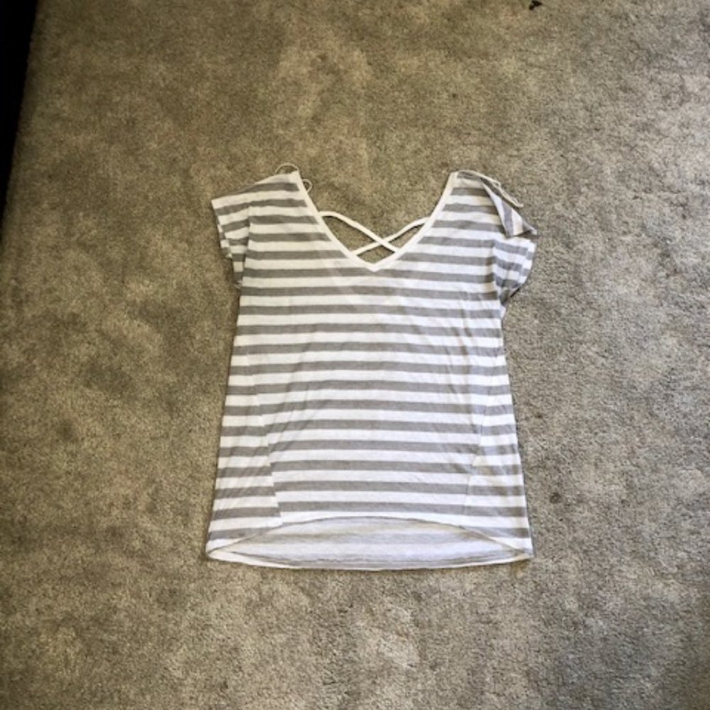 grey and white stripped shirt